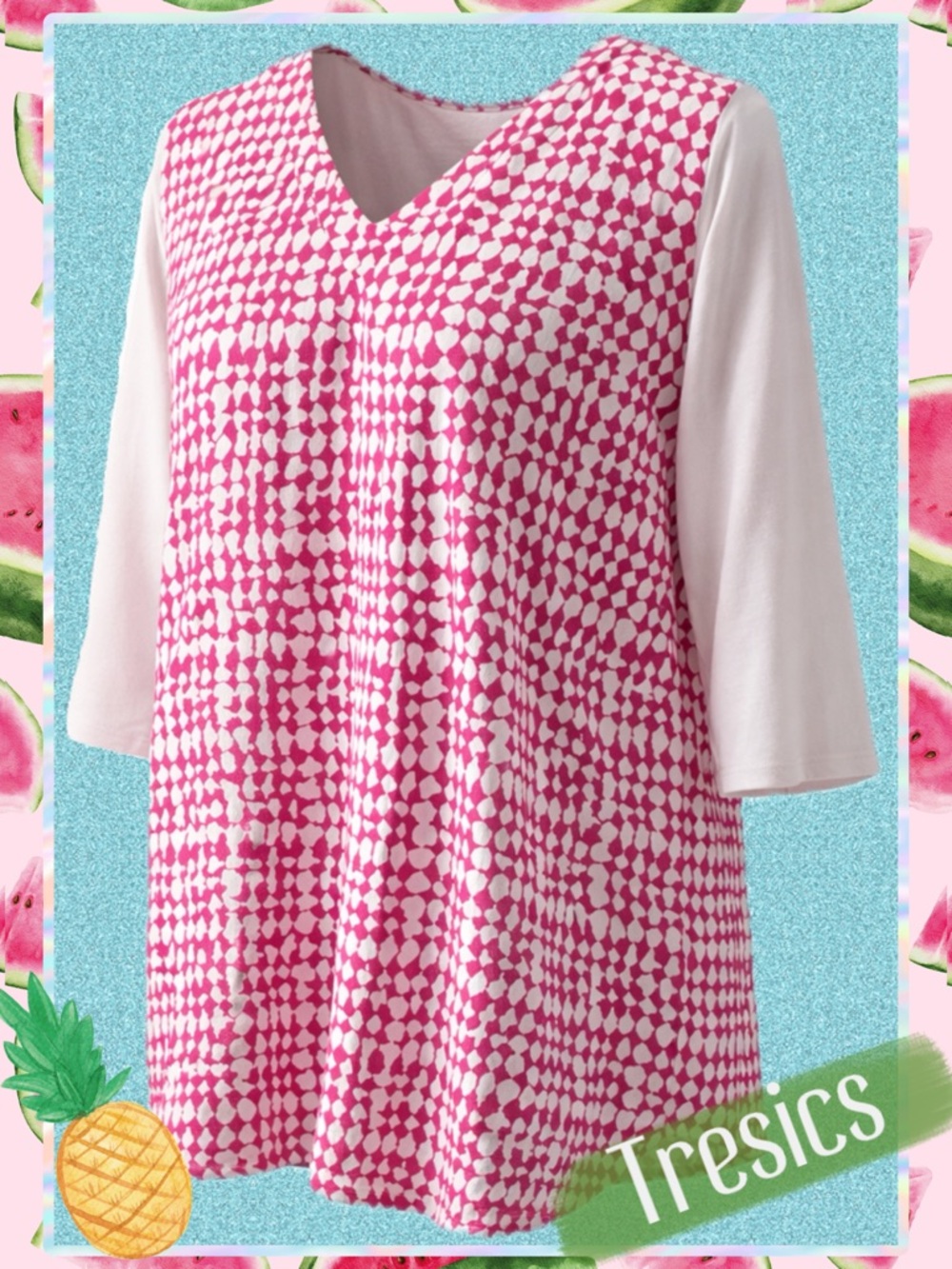 Tresics Pink Geometric Tunic Top M | Femme by Tresics 3/4 Sleeve Blouse